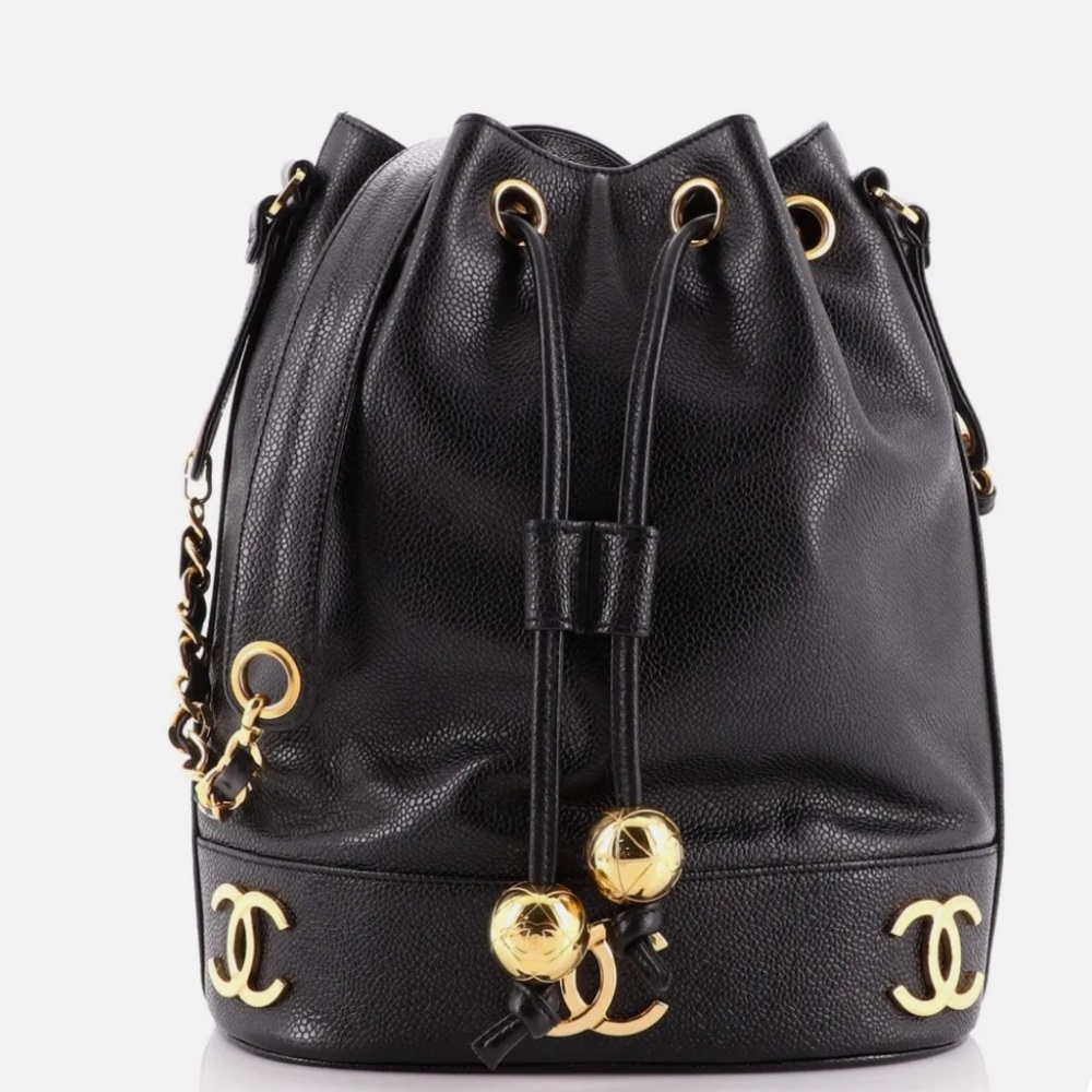Chanel Vintage Metal CC Drawstring Bucket Bag Caviar Medium Black & Gold